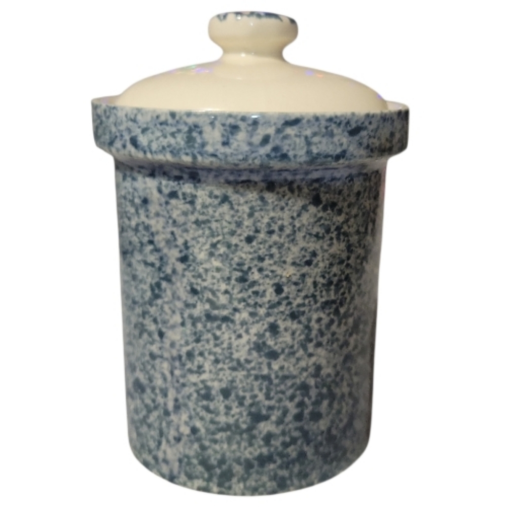 Vtg 60's Blue White Speckled Stoneware Crock Canister Sponge Spatterware W/Lid - Picture 4 of 8